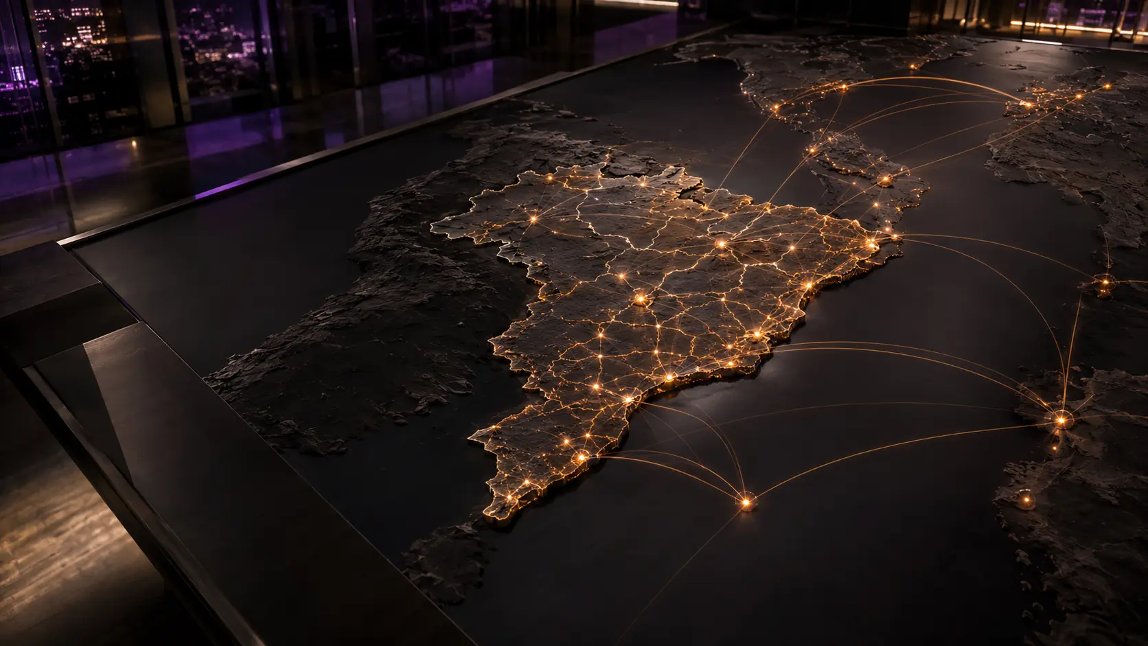 Mapa físico do Brasil conectado a mercados globais